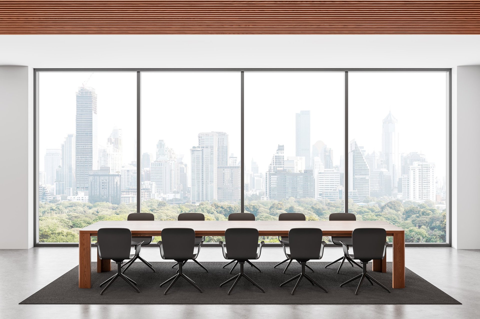 Stylish modern conference room with sleek furniture, wooden ceiling and panoramic city view through large glass windows. 3D Rendering